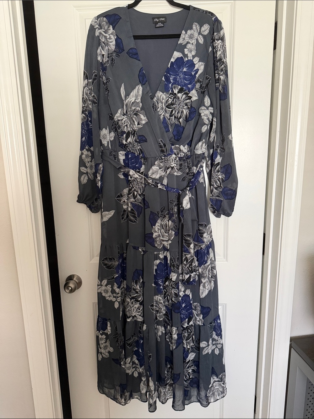 City Chic Gray Floral Wrap Maxi Dress with Blue Accents